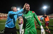 16 August 2025; Drogheda United manager Kevin Doherty and goalkeeper Luke Dennison celebrate after the Sports Direct Men’s FAI Cup third round match between Derry City and Drogheda United at The Ryan McBride Brandywell Stadium in Derry. Photo by Stephen McCarthy/Sportsfile