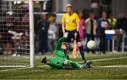 16 August 2025; Drogheda United goalkeeper Luke Dennison saves the first penalty in the penalty shootout of the Sports Direct Men’s FAI Cup third round match between Derry City and Drogheda United at The Ryan McBride Brandywell Stadium in Derry. Photo by Stephen McCarthy/Sportsfile