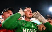 16 August 2025; Drogheda United goalkeeper Luke Dennison celebrates after his side won the Sports Direct Men’s FAI Cup third round match between Derry City and Drogheda United at The Ryan McBride Brandywell Stadium in Derry. Photo by Stephen McCarthy/Sportsfile