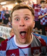 16 August 2025; Conor Kane of Drogheda United celebrates after the Sports Direct Men’s FAI Cup third round match between Derry City and Drogheda United at The Ryan McBride Brandywell Stadium in Derry. Photo by Stephen McCarthy/Sportsfile