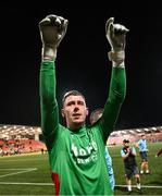 16 August 2025; Drogheda United goalkeeper Luke Dennison celebrates after the Sports Direct Men’s FAI Cup third round match between Derry City and Drogheda United at The Ryan McBride Brandywell Stadium in Derry. Photo by Stephen McCarthy/Sportsfile