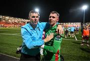 16 August 2025; Drogheda United manager Kevin Doherty and goalkeeper Luke Dennison celebrate after the Sports Direct Men’s FAI Cup third round match between Derry City and Drogheda United at The Ryan McBride Brandywell Stadium in Derry. Photo by Stephen McCarthy/Sportsfile