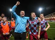 16 August 2025; Drogheda United manager Kevin Doherty celebrates with Conor Kane and Warren Davis, right, after the Sports Direct Men’s FAI Cup third round match between Derry City and Drogheda United at The Ryan McBride Brandywell Stadium in Derry. Photo by Stephen McCarthy/Sportsfile
