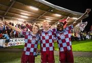16 August 2025; Drogheda United players, from left, Darragh Markey, Shane Farrell and Thomas Oluwa celebrate after the Sports Direct Men’s FAI Cup third round match between Derry City and Drogheda United at The Ryan McBride Brandywell Stadium in Derry. Photo by Stephen McCarthy/Sportsfile