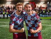 16 August 2025; James Bolger, left, and George Cooper of Drogheda United celebrate after the Sports Direct Men’s FAI Cup third round match between Derry City and Drogheda United at The Ryan McBride Brandywell Stadium in Derry. Photo by Stephen McCarthy/Sportsfile