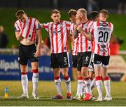 16 August 2025; Derry City players react during the penalty shootout of the Sports Direct Men’s FAI Cup third round match between Derry City and Drogheda United at The Ryan McBride Brandywell Stadium in Derry. Photo by Stephen McCarthy/Sportsfile