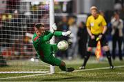 16 August 2025; Drogheda United goalkeeper Luke Dennison saves his second penalty in the penalty shootout of the Sports Direct Men’s FAI Cup third round match between Derry City and Drogheda United at The Ryan McBride Brandywell Stadium in Derry. Photo by Stephen McCarthy/Sportsfile