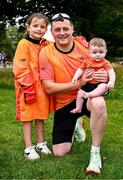 16 August 2025; Runner Adam Brady with his children Ciara, age 5, and Josh, age 5 months, before during the Irish Life Dublin Race Series Frank Duffy 10 Mile in Phoenix Park, Dublin. Photo by Seb Daly/Sportsfile