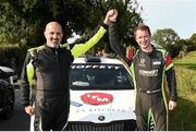 17 August 2025; Keith Moriarty, left, and Josh Moffett celebrate after winning the ALMC Hellfire Rally Round Six of the Triton Showers National Rally Championship at at Oldcastle in Meath. Photo by Philip Fitzpatrick/Sportsfile