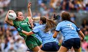 3 August 2025; Emma Duggan of Meath in action against Dublin players, from left, Martha Byrne, Niamh Donlon and Leah Caffrey during the TG4 All-Ireland Ladies Football Senior Championship final match between Dublin and Meath at Croke Park in Dublin. Photo by Piaras Ó Mídheach/Sportsfile