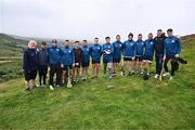 4 August 2025; Event sponsor Martin Donnelly, left, with Colin Ryan of Limerick, Fionan Mackessy of Kilkenny, Bobby Douglas of Mayo, Darren Geoghegan of Louth, Killian Phelan of Kilkenny, Seán Óg McLaren of Antrim, Cillian Kiely of Offaly, Noel Fallon of Roscommon, Cathal Dillon of Tipperary, Pat Burke of Westmeath Brendan Cummins of Tipperary GAA National Head of Hurling Willie Maher and Pearce Smyth of Down, before the M. Donnelly GAA Poc Fada All-Ireland Finals at Annaverna Mountain in the Cooley Peninsula, Ravensdale, Louth. Photo by Piaras Ó Mídheach/Sportsfile