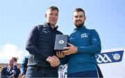 4 August 2025; GAA National Head of Hurling Willie Maher, left, makes a presentation to Bobby Douglas of Mayo after the M. Donnelly GAA Poc Fada All-Ireland Finals at Annaverna Mountain in the Cooley Peninsula, Ravensdale, Louth. Photo by Piaras Ó Mídheach/Sportsfile