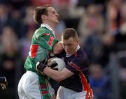 2 October 2004; Paul Wilson, Armagh goalkeeper, in action against Damian Munnelly, Mayo. All-Ireland U21 Football Final, Armagh v Mayo, Kingspan Breffni Park, Cavan. Picture credit; Damien Eagers / SPORTSFILE