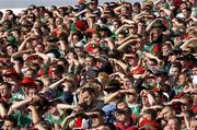 26 September 2004; Mayo fans watch the game. Bank of Ireland All-Ireland Senior Football Championship Final, Kerry v Mayo, Croke Park, Dublin. Picture credit; Ray McManus / SPORTSFILE *** Local Caption *** Any photograph taken by SPORTSFILE during, or in connection with, the 2004 Bank of Ireland All-Ireland Senior Football Final which displays GAA logos or contains an image or part of an image of any GAA intellectual property, or, which contains images of a GAA player/players in their playing uniforms, may only be used for editorial and non-advertising purposes.  Use of photographs for advertising, as posters or for purchase separately is strictly prohibited unless prior written approval has been obtained from the Gaelic Athletic Association.