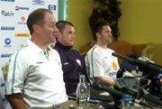 6 October 2004; Brian Kerr, Republic of Ireland manager, with players Alan Quinn, centre and Robbie Keane at a press conference after squad training. Portmarnock Hotel and Golf Links, Portmarnock, Co. Dublin. Picture credit; Damien Eagers / SPORTSFILE