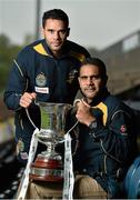 18 October 2013; Australia manager Michael O'Loughlin, right, and captain Daniel Wells hold the Cormac McAnallen Perpetual Trophy during a press briefing ahead of their Irish Daily Mail International Rules first test against Ireland on Saturday. Irish Daily Mail International Rules Press Briefing, Kingspan Breffni Park, Cavan. Picture credit: Barry Cregg / SPORTSFILE