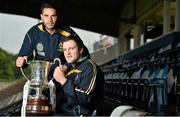 18 October 2013; Australia captain Daniel Wells and Ireland captain Michael Murphy, right, hold the Cormac McAnallen Perpetual Trophy during a press briefing ahead of their Irish Daily Mail International Rules first test on Saturday. Irish Daily Mail International Rules Press Briefing, Kingspan Breffni Park, Cavan. Picture credit: Barry Cregg / SPORTSFILE