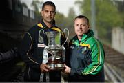 18 October 2013; Australia manager Michael O'Loughlin, left, and Ireland manager Paul Earley with the Cormac McAnallen Perpetual Trophy during a press briefing ahead of their Irish Daily Mail International Rules first test on Saturday. Irish Daily Mail International Rules Press Briefing, Kingspan Breffni Park, Cavan. Picture credit: Barry Cregg / SPORTSFILE