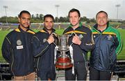 18 October 2013; Australia captain Daniel Wells and Ireland captain Michael Murphy hold the Cormac McAnallen Perpetual Trophy alongside managers Michael O'Loughlin, Australia, left, and Paul Earley, Ireland, during a press briefing ahead of their Irish Daily Mail International Rules first test on Saturday. Irish Daily Mail International Rules Press Briefing, Kingspan Breffni Park, Cavan. Picture credit: Barry Cregg / SPORTSFILE