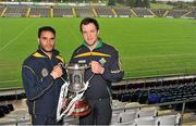 18 October 2013; Australia captain Daniel Wells, left, and Ireland captain Michael Murphy hold the Cormac McAnallen Perpetual Trophy during a press briefing ahead of their Irish Daily Mail International Rules first test on Saturday. Irish Daily Mail International Rules Press Briefing, Kingspan Breffni Park, Cavan. Picture credit: Barry Cregg / SPORTSFILE