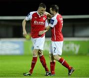 18 October 2013; St. Patrick’s Athletic's Anto Flood, left, celebrates with team-mate Conan Byrne after scoring his side's first goal. Airtricity League Premier Division, St. Patrick’s Athletic v Derry City, Richmond Park, Dublin. Picture credit: David Maher / SPORTSFILE