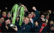 18 October 2013; St. Patrick’s Athletic manager Liam Buckley brings the Airtricity League Premier Division Trophy over to celebrate with jubilant supporters. Airtricity League Premier Division, St. Patrick’s Athletic v Derry City, Richmond Park, Dublin. Picture credit: David Maher / SPORTSFILE