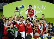 18 October 2013; St. Patrick’s Athletic players celebrate with the Airtricity League Premier Division Trophy. Airtricity League Premier Division, St. Patrick’s Athletic v Derry City, Richmond Park, Dublin. Picture credit: Matt Browne / SPORTSFILE