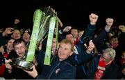 18 October 2013; St. Patrick’s Athletic manager Liam Buckley brings the Airtricity League Premier Division Trophy over to celebrate with jubilant supporters. Airtricity League Premier Division, St. Patrick’s Athletic v Derry City, Richmond Park, Dublin. Picture credit: David Maher / SPORTSFILE