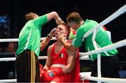 19 October 2013; Jason Quigley, Finn Valley BC, Donegal, representing Ireland, receives treatment from his corner inbetween rounds during his Men's Middleweight 75Kg Last 32 bout against Vijender Singh Beniwal, India. AIBA World Boxing Championships Almaty 2013, Almaty, Kazakhstan. Photo by Sportsfile