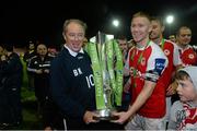 18 October 2013; Former manager Brian Kerr and St. Patrick’s Athletic captain Conor Kenna lift the Airtricity League Premier Division trophy. Airtricity League Premier Division, St. Patrick’s Athletic v Derry City, Richmond Park, Dublin. Picture credit: Dave Maher / SPORTSFILE