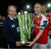 18 October 2013; Former Republic of Ireland manager and former St. Patrick’s Athletic manager Brian Kerr celebrates  with captain Conor Kenna at the end of the game. Airtricity League Premier Division, St. Patrick’s Athletic v Derry City, Richmond Park, Dublin. Picture credit: David Maher / SPORTSFILE