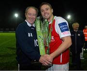 18 October 2013; Former Republic of Ireland manager and former St. Patrick’s Athletic manager Brian Kerr celebrates  with captain Conor Kenna at the end of the game. Airtricity League Premier Division, St. Patrick’s Athletic v Derry City, Richmond Park, Dublin. Picture credit: David Maher / SPORTSFILE