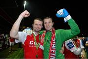 18 October 2013; Conan Byrne, left, and Brendan Clarke, St. Patrick’s Athletic, celebrate at the end of the game. Airtricity League Premier Division, St. Patrick’s Athletic v Derry City, Richmond Park, Dublin. Picture credit: David Maher / SPORTSFILE