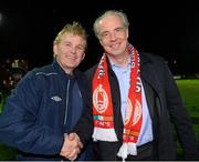 18 October 2013; St. Patrick’s Athletic manager Liam Buckley, left, celebrates with Executive Chairman Garrett Kelleher at the end of the game. Airtricity League Premier Division, St. Patrick’s Athletic v Derry City, Richmond Park, Dublin. Picture credit: David Maher / SPORTSFILE