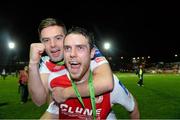 18 October 2013; Greg Bolger, left, and John Russell, St. Patrick’s Athletic, celebrate at the end of the game. Airtricity League Premier Division, St. Patrick’s Athletic v Derry City, Richmond Park, Dublin. Picture credit: David Maher / SPORTSFILE