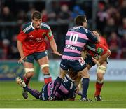 19 October 2013; Paul O'Connell, Munster, is tackled by Johnny Bentley, 10, and Darren Dawiduik, Gloucester. Heineken Cup 2013/14, Pool 6, Round 2, Munster v Gloucester, Thomond Park, Limerick. Picture credit: Ramsey Cardy / SPORTSFILE