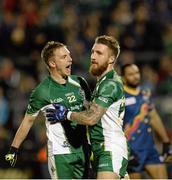 19 October 2013; Zach Tuohy, Ireland, celebrates after scoring his side's first goal with team-mate Ross Munnelly. International Rules, First Test, Ireland v Australia, Kingspan Breffni Park, Cavan. Picture credit: Oliver McVeigh / SPORTSFILE