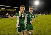 19 October 2013; Ciaran Byrne, left, Ireland, celebrates after the game with team-mate Paddy McBrearty. International Rules, First Test, Ireland v Australia, Kingspan Breffni Park, Cavan. Picture credit: Oliver McVeigh / SPORTSFILE