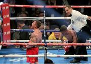 19 October 2013; Carl Frampton celebrates beating Jeremy Parodi during their IBF Super Bantamweight World Title Eliminator. The Odyssey Arena, Belfast, Co. Antrim. Picture credit: Liam McBurney / SPORTSFILE