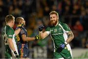 19 October 2013; Zach Tuohy, Ireland, celebrates after scoring his side's first goal with team-mate Ross Munnelly. International Rules, First Test, Ireland v Australia, Kingspan Breffni Park, Cavan Picture credit: Oliver McVeigh / SPORTSFILE