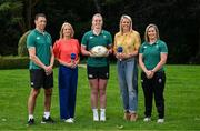21 August 2025; RTÉ presenters Jacqui Hurley and Clare MacNamara pictured with Ireland Head Coach Scott Bemand and players Sam Monaghan, centre, and Edel McMahon at Dunboyne Castle in Meath as RTÉ launches its Women’s Rugby World Cup 2025 Coverage. Photo by David Fitzgerald/Sportsfile