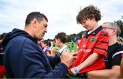 20 August 2025; Senan Connolly, from Thurles, with head coach Clayton McMillan during a Munster Rugby open training session at Rockwell College in Rockwell, Tipperary. Photo by Piaras Ó Mídheach/Sportsfile