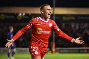 21 August 2025; Evan Caffrey of Shelbourne celebrates after scoring his side's third goal during the UEFA Conference League Play-off Round first leg match between Shelbourne and Linfield at Tolka Park in Dublin. Photo by Sam Barnes/Sportsfile