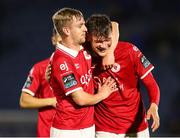 22 August 2025; Sligo Rovers players, from left, Ciaron Harkin and Owen Elding celebrate after their side's victory in the SSE Airtricity Men's Premier Division match between Waterford and Sligo Rovers at the Regional Sports Centre in Waterford. Photo by Michael P Ryan/Sportsfile