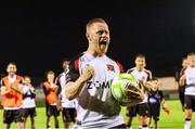 22 August 2025; Daryl Horgan of Dundalk FC celebrates with the match ball after his side's 0-7 victory in the SSE Airtricity Men's First Division match between Treaty United and Dundalk at Markets Field in Limerick. Photo by Gerry Scully/Sportsfile