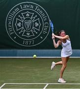 23 August 2025; Vanessa Reid in their under-18 girls doubles final match against Christine Connolly and Jenny Marsh during the William Fry Junior Lawn Tennis Championships of Ireland at Fitzwilliam Lawn Tennis Club in Dublin. Photo by Tyler Miller/Sportsfile