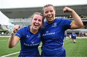 23 August 2025; Leinster debutants Aoife Corcoran, left, and Kara Mulcahy after their side's victory in the Vodafone Women’s Interprovincial Championship Round 3 match between Connacht and Leinster at Dexcom Stadium in Galway. Photo by Shauna Clinton/Sportsfile