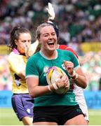 24 August 2025; Fiona Tuite of Ireland celebrates after scoring her side's fourth try during the Women's Rugby World Cup 2025 Pool C match between Ireland and Japan at Franklin's Gardens in Northampton, England. Photo by Harry Murphy/Sportsfile