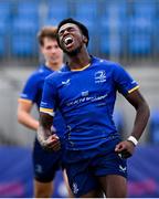24 August 2025; Franklin Onwuzulumba of Leinster celebrates after scoring his side's third try during the PwC U-18 Boys Interprovincial Series match between Leinster and Connacht at Energia Park in Dublin. Photo by Ramsey Cardy/Sportsfile