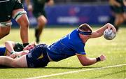 24 August 2025; Henry Maher of Leinster scores his side's fifth try during the PwC U-19 Men's Interprovincial Series match between Leinster and Connacht at Energia Park in Dublin. Photo by Ramsey Cardy/Sportsfile